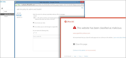 A screenshot of a Safe links Policy window and of a Safe Links warning to users.