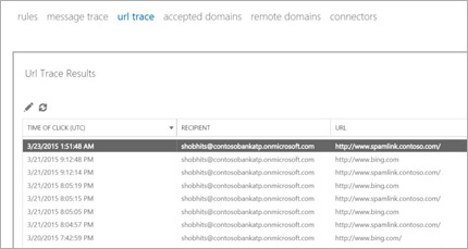 A screenshot of URL trace results in Exchange Online Advanced Threat Protection.
