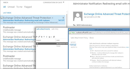 A screenshot of an administrator notification email and a Safe Attachment Policy window.