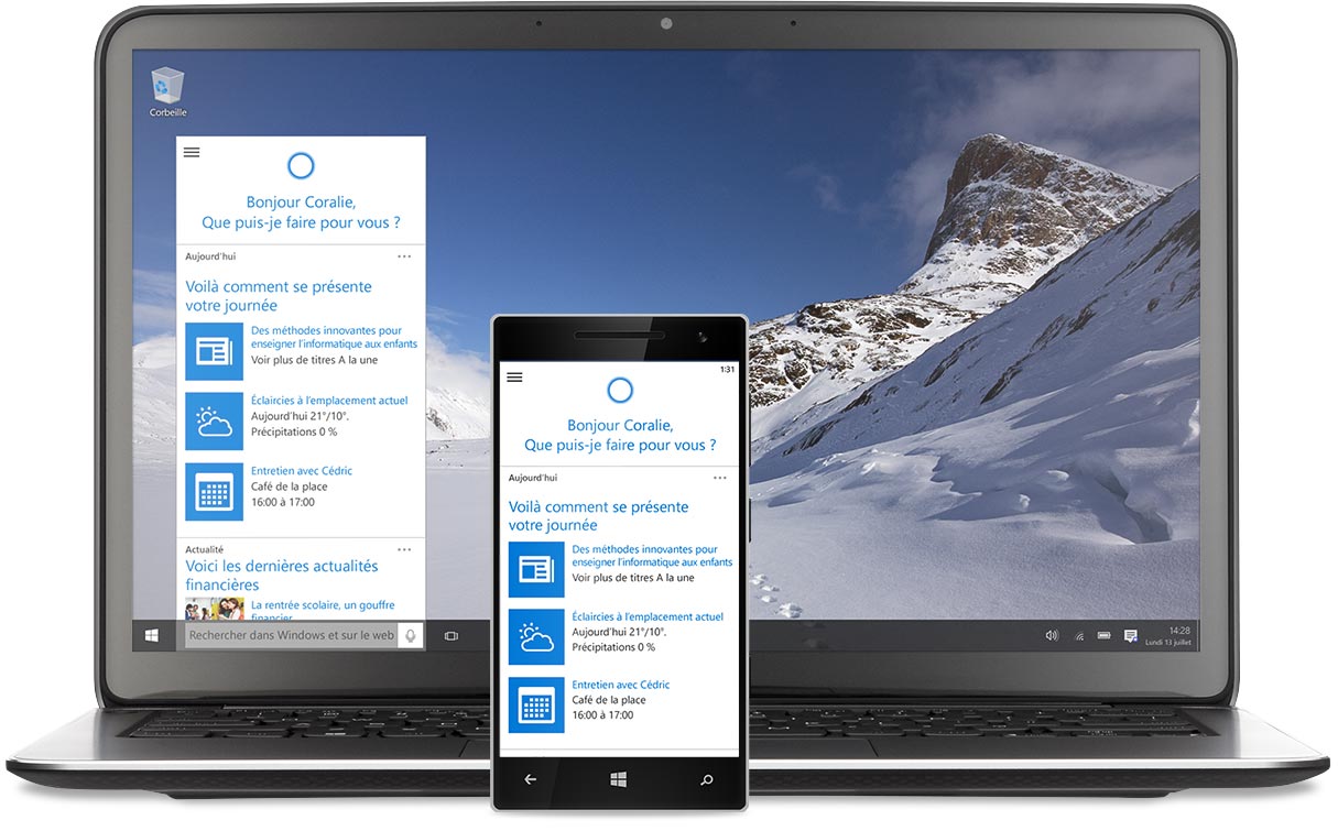 Laptop et Windows phone avec Cortana à l'écran
