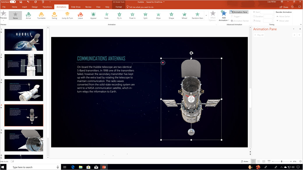 Obrazovka aplikace PowerPoint zobrazující Hubbleův dalekohled ve formě 3D obrazu, který je umístěn na jednom ze snímků