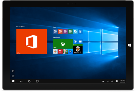 Dokonalé s Windows 10: Tablet s Office, aplikací Office a dalšími dlaždicemi na úvodní obrazovce Windows 10.