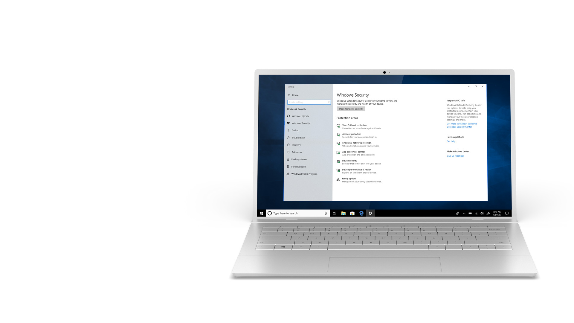 Ein Windows 10-Laptop, der einen Windows 10-Sicherheitscenter-Bildschirm anzeigt