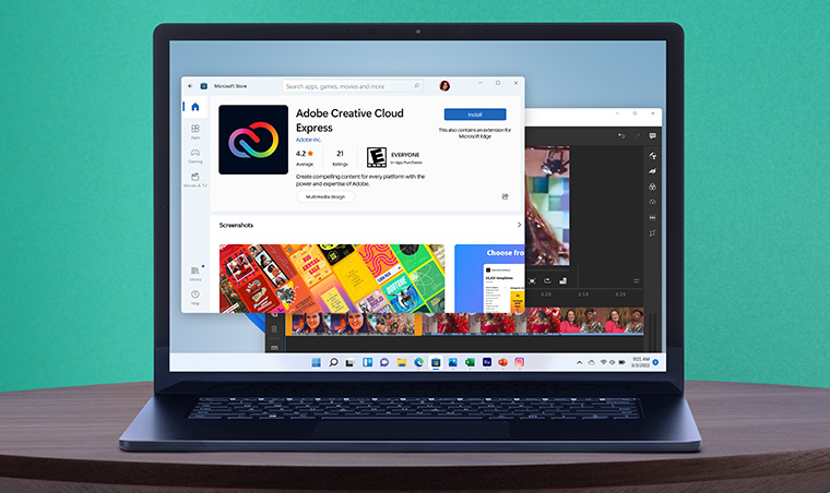 Ein Laptop zeigt einen Bildschirm mit Photoshop im Hintergrund und Adobe Creative Cloud im Vordergrund