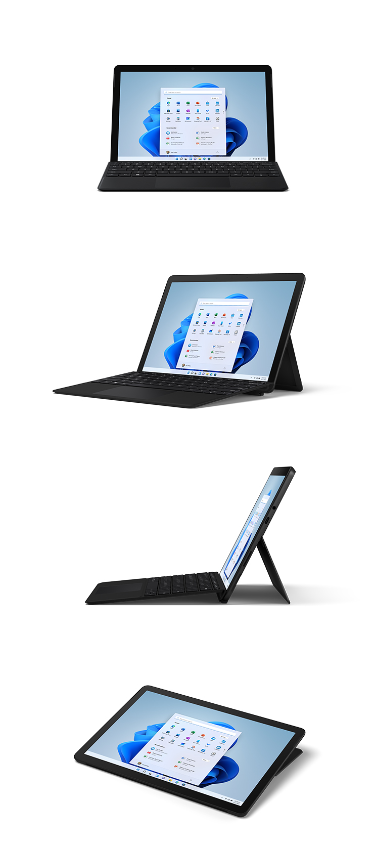 Abbildungen des Surface Go 3 mit Type Cover in Schwarz von vorne, schräg, von der Seite und im Studio-Modus.
