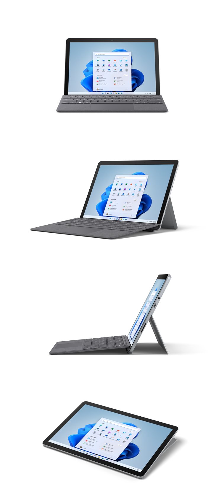 Abbildungen des Surface Go 3 mit Type Cover in Platin von vorne, schräg, von der Seite und im Studio-Modus.