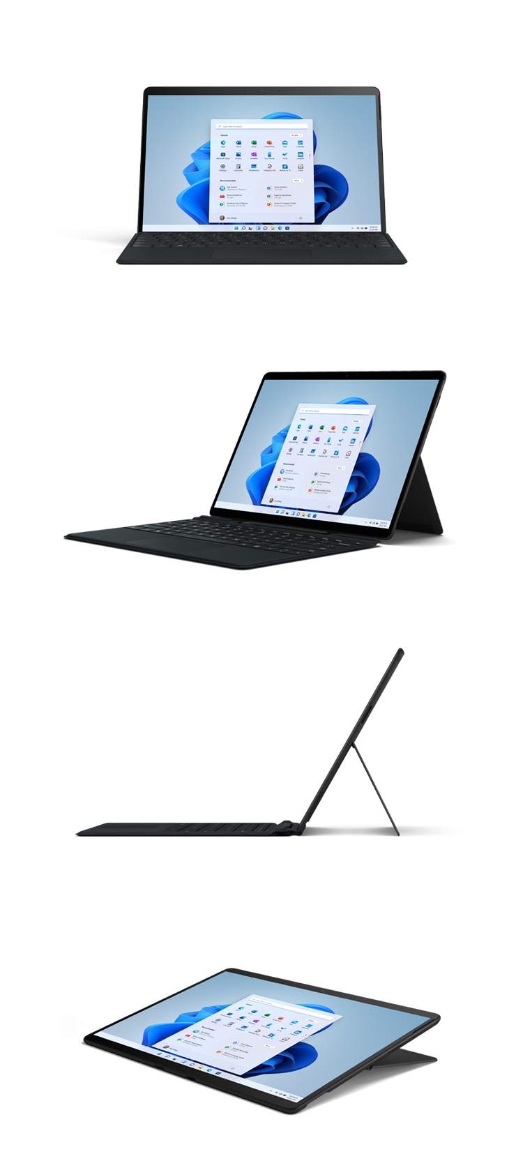Abbildungen des Surface Pro X in Schwarz von vorne, schräg, von der Seite und im Studio-Modus.