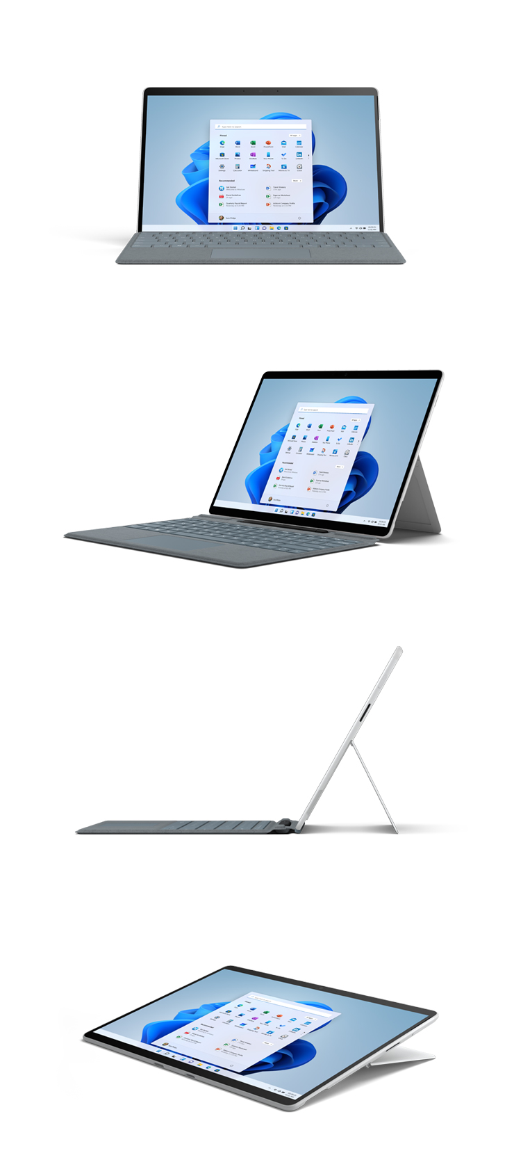 Abbildungen des Surface Pro X in Platin von vorne, schräg, von der Seite und im Studio-Modus.