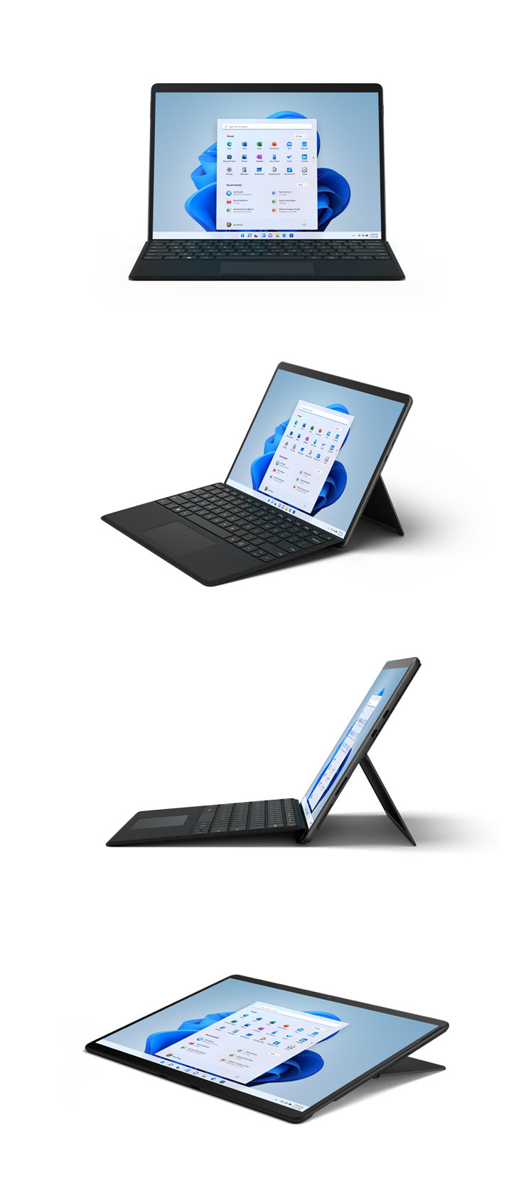 Abbildungen des Surface Pro 8 in Graphit von vorne, schräg, von der Seite und im Studio-Modus.
