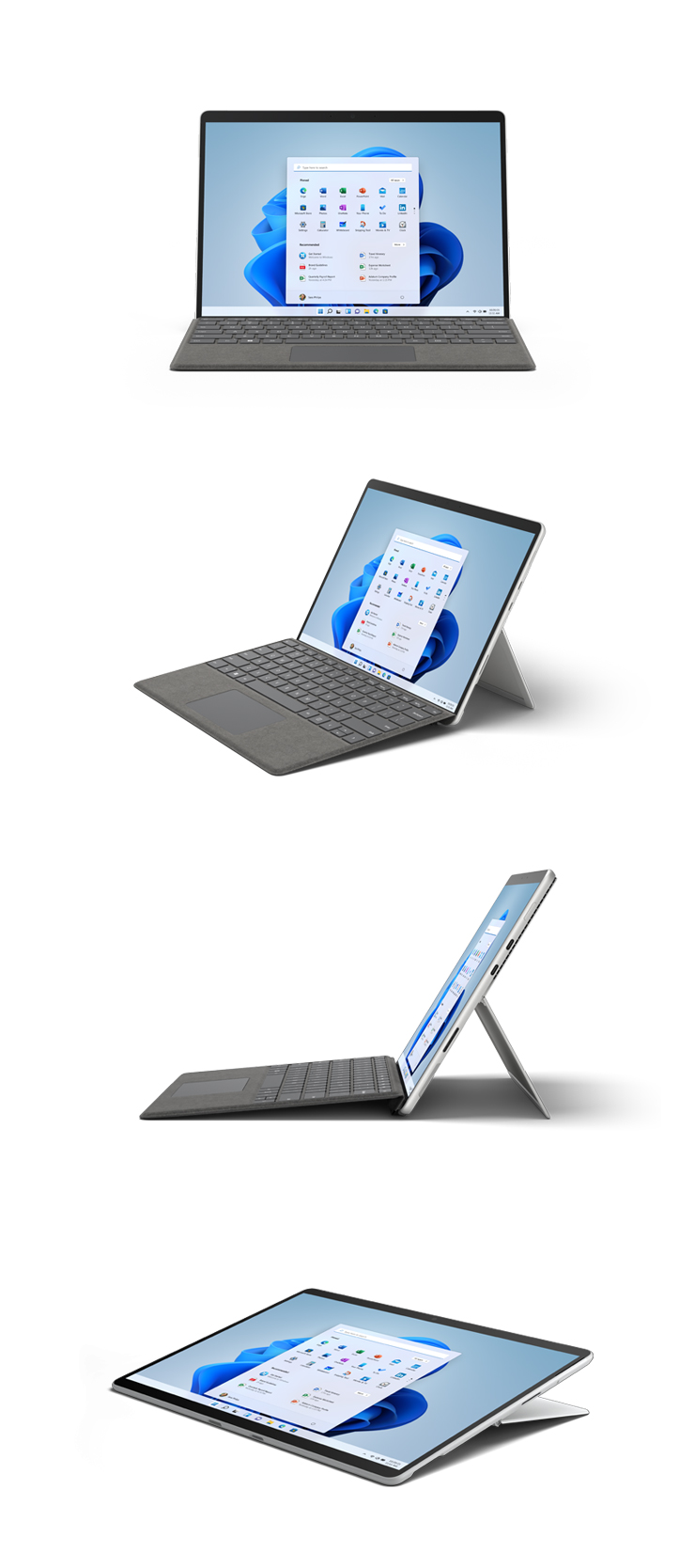 Abbildungen des Surface Pro 8 in Platin von vorne, schräg, von der Seite und im Studio-Modus.