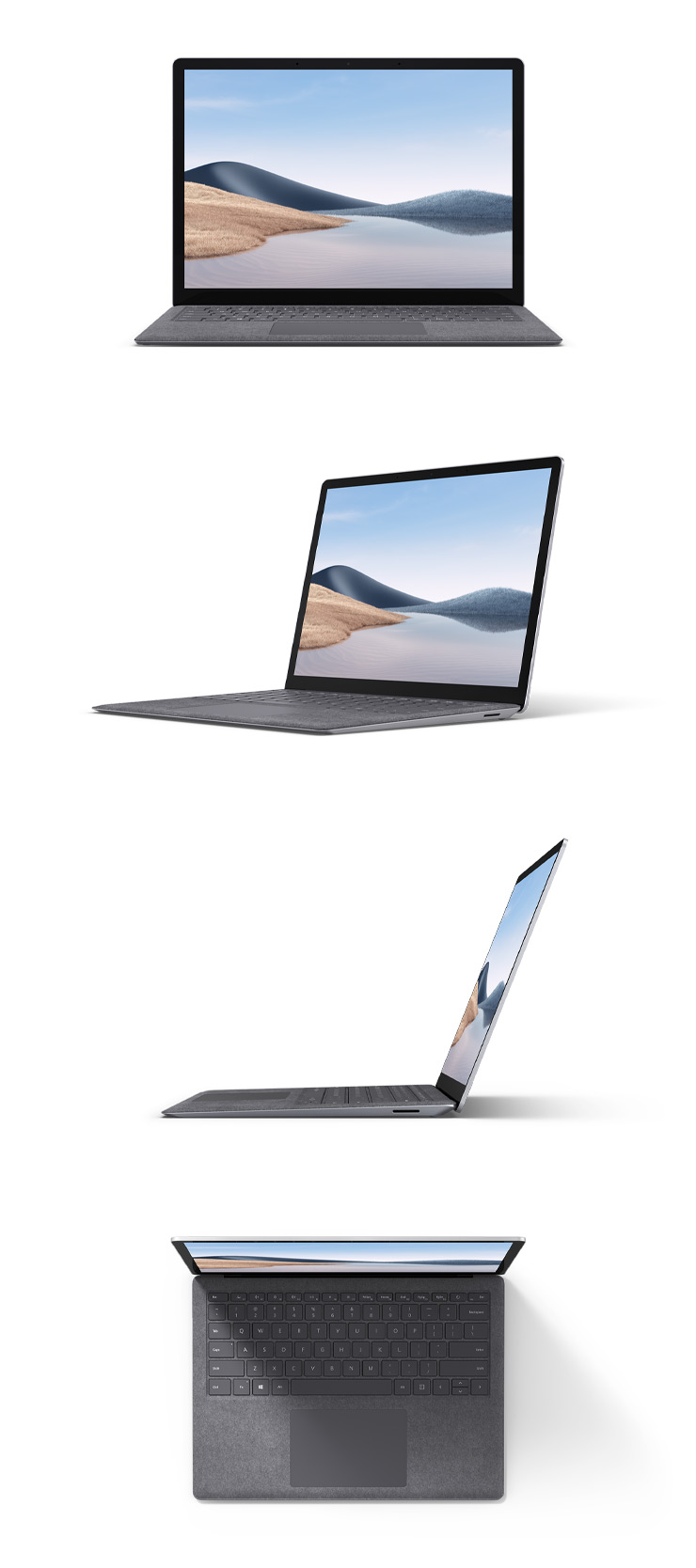 Surface Laptop 4 in alcantara platinum with a 13.5 inch screen from the front, from 45 degrees rotated, from the side and from above