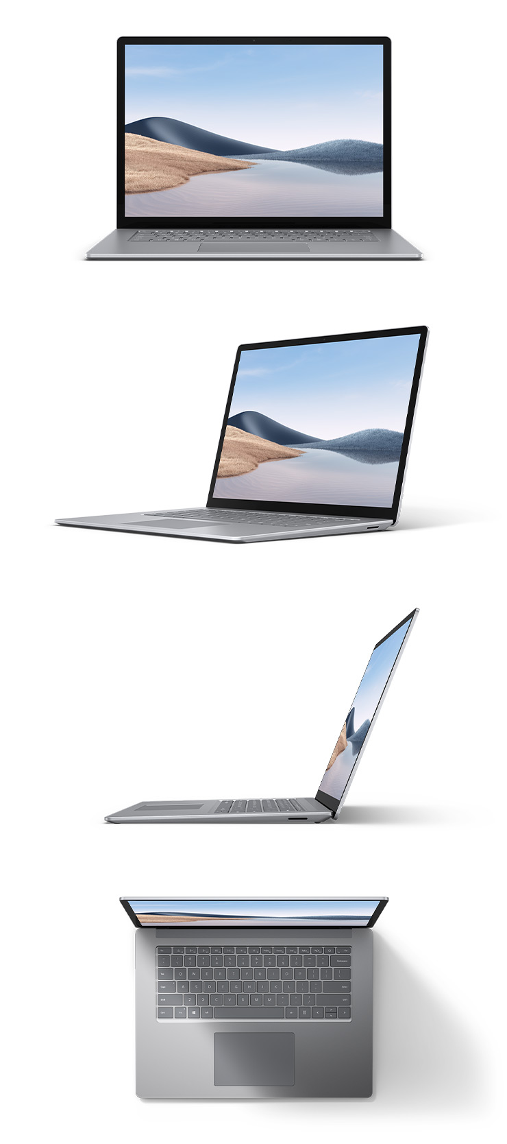 Surface Laptop 4 in metal platinum with a 15 inch screen from the front, from 45 degrees rotated, from the side and from above