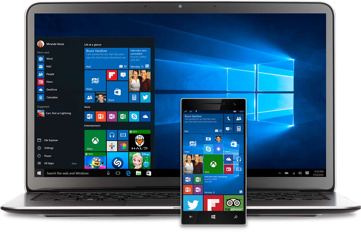 Laptop and phone with Windows 10 Start Menu