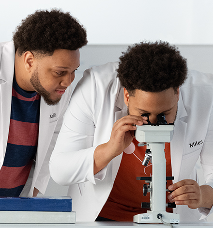 Malik and Miles are looking through a microscope
