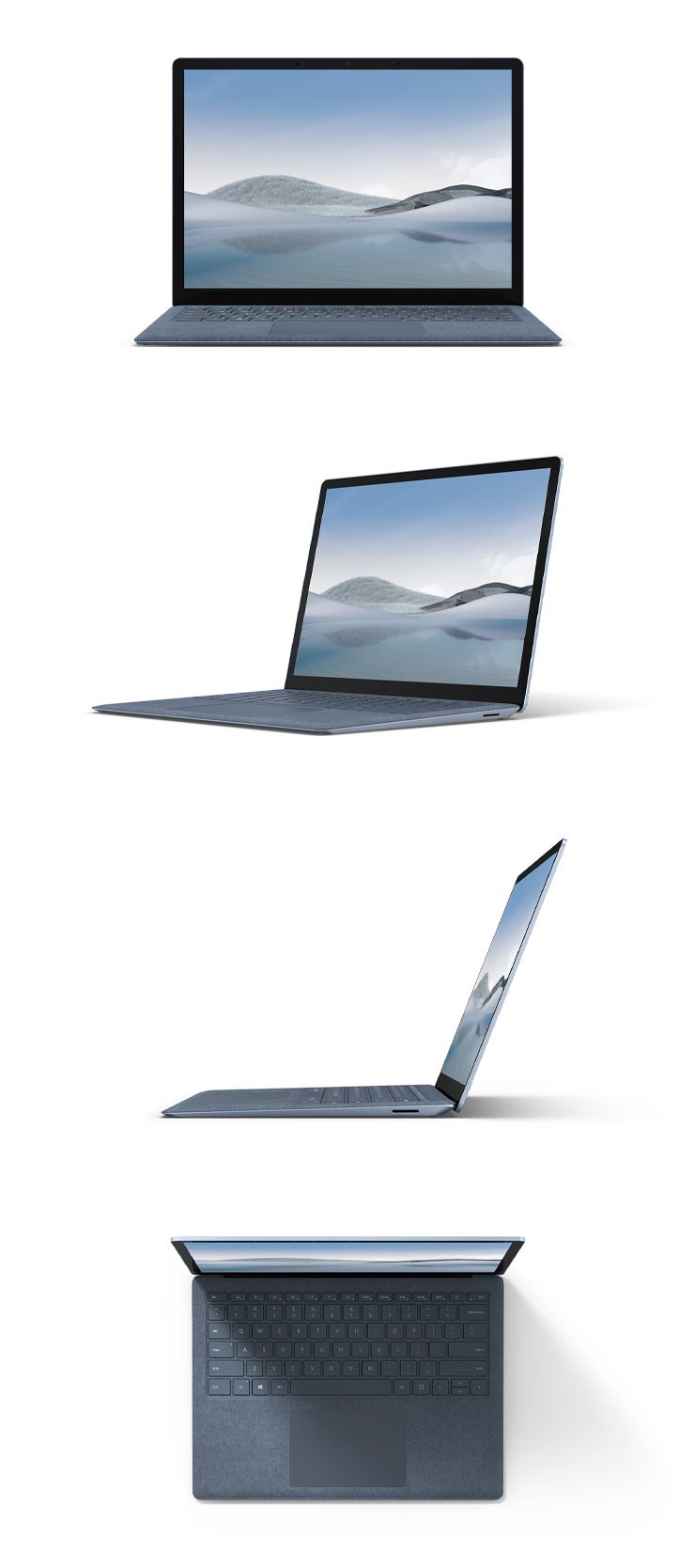 Surface Laptop 4 in alcantara ice blue with a 13.5 inch screen from the front, from 45 degrees rotated, from the side and from above