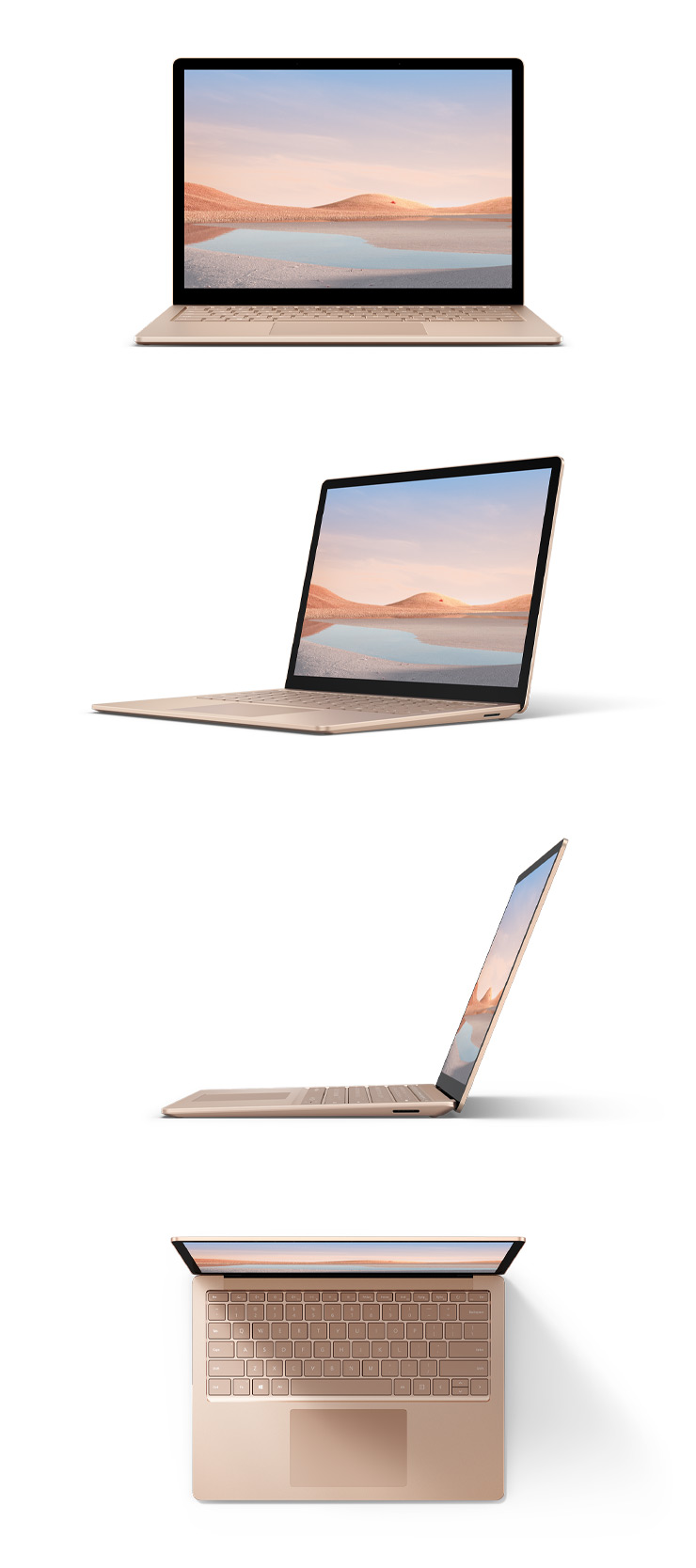Surface Laptop 4 in metal sandstone with a 13.5 inch screen from the front, from 45 degrees rotated, from the side and from above