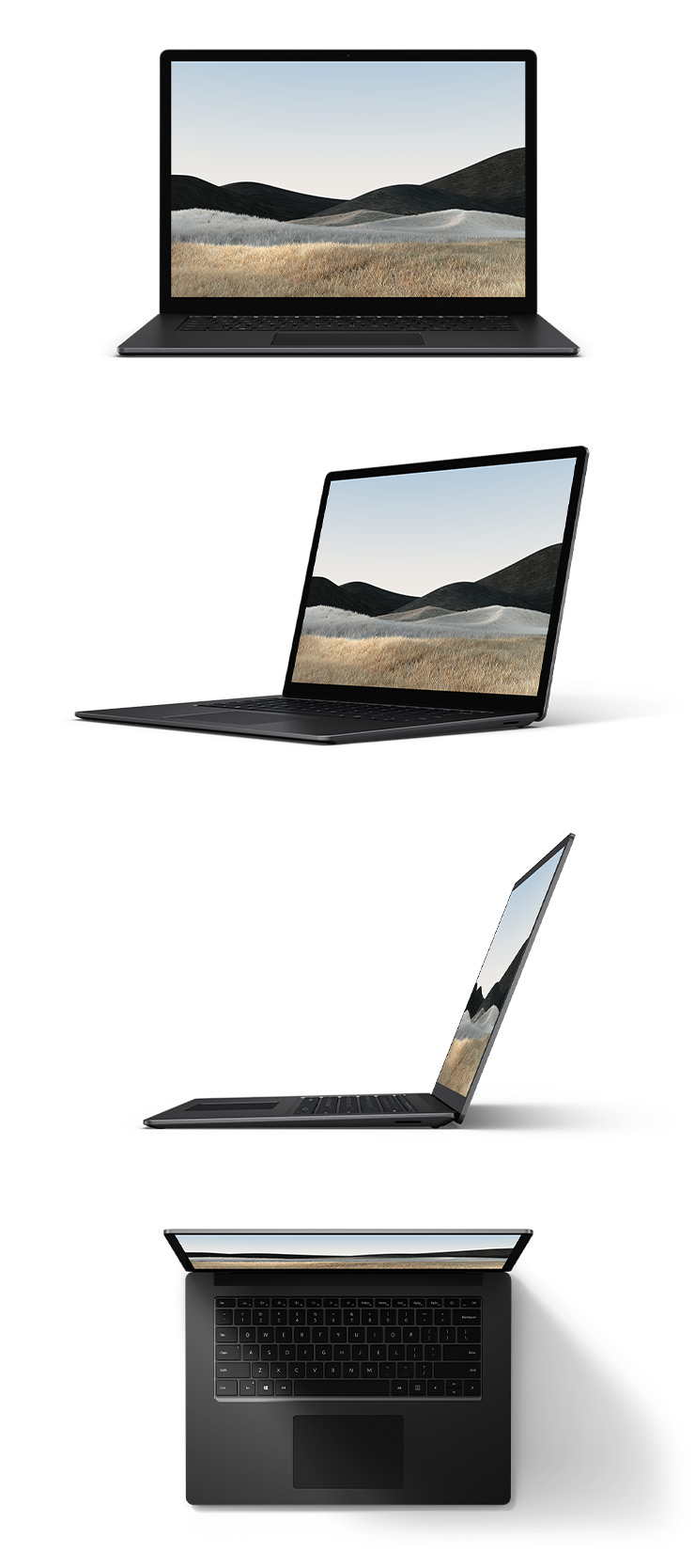 Surface Laptop 4 in metal matte black with a 15 inch screen from the front, from 45 degrees rotated, from the side and from above