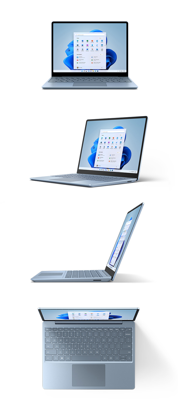 Surface Laptop Go 2 from the front, three-quarters, the side and top down in Ice Blue.