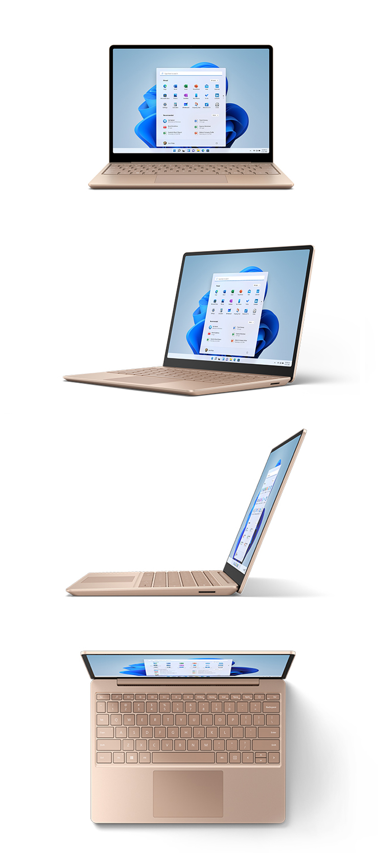 Surface Laptop Go 2 from the front, three-quarters, the side and top down in Sandstone.