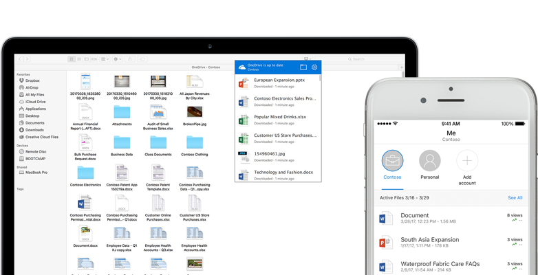 a laptop and a smart phone showing Word, PowerPoint, and Excel files, images, and folders in OneDrive