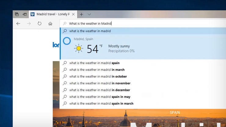 Cortana的屏幕图像从Edge浏览器中提供马德里的天气