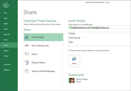 Screenshot of the Share page in Excel, with the Invite people option selected.