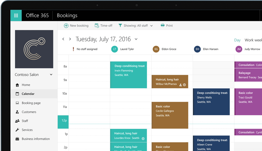 A tablet showing the Office 365 Bookings calendar tools.