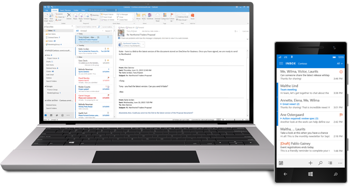 A tablet and a smartphone showing an Office 365 email inbox.