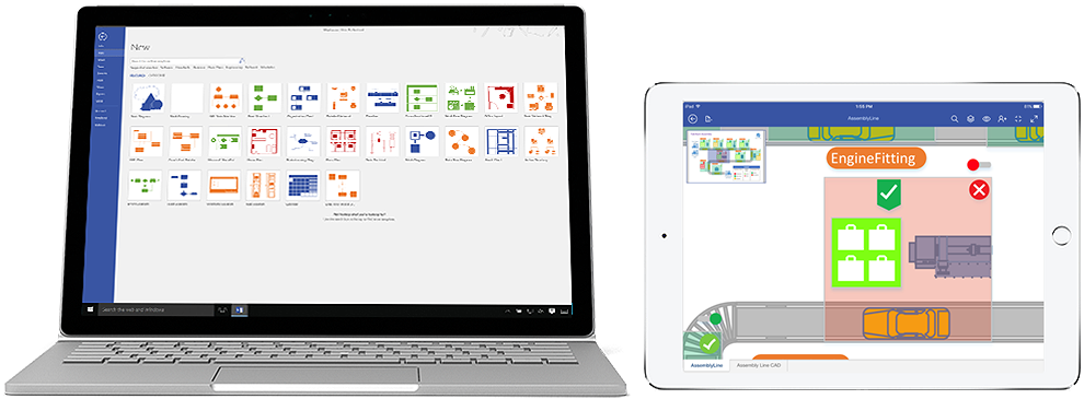 Visio Online Plan 2 diagrams shown on a laptop and iPad.