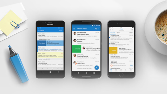 Windows Phone, iPhone, and Android phone with Outlook app on screens