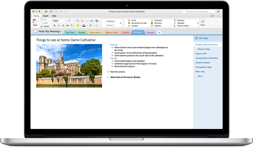 A MacBook showing a notebook open in the new OneNote for Mac.