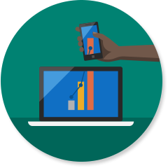 Productivity icon with computer and phone with bar charts