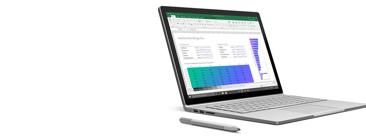 Surface Book with Excel open on the screen and pen