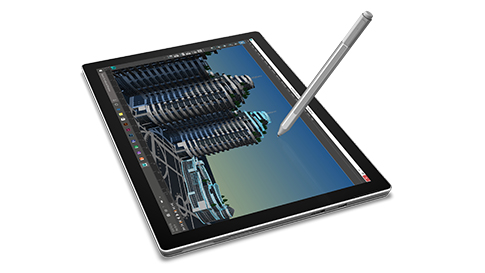 Detail of Surface Pro 4 in tablet mode with Surface Pen touching the screen 