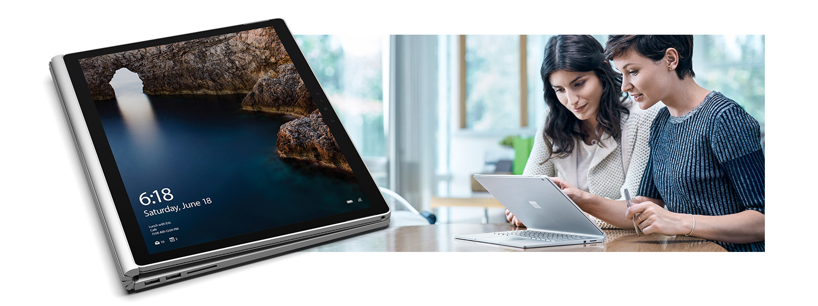 Surface Book in draw mode next to an image of two women working on a Surface Book on a desk