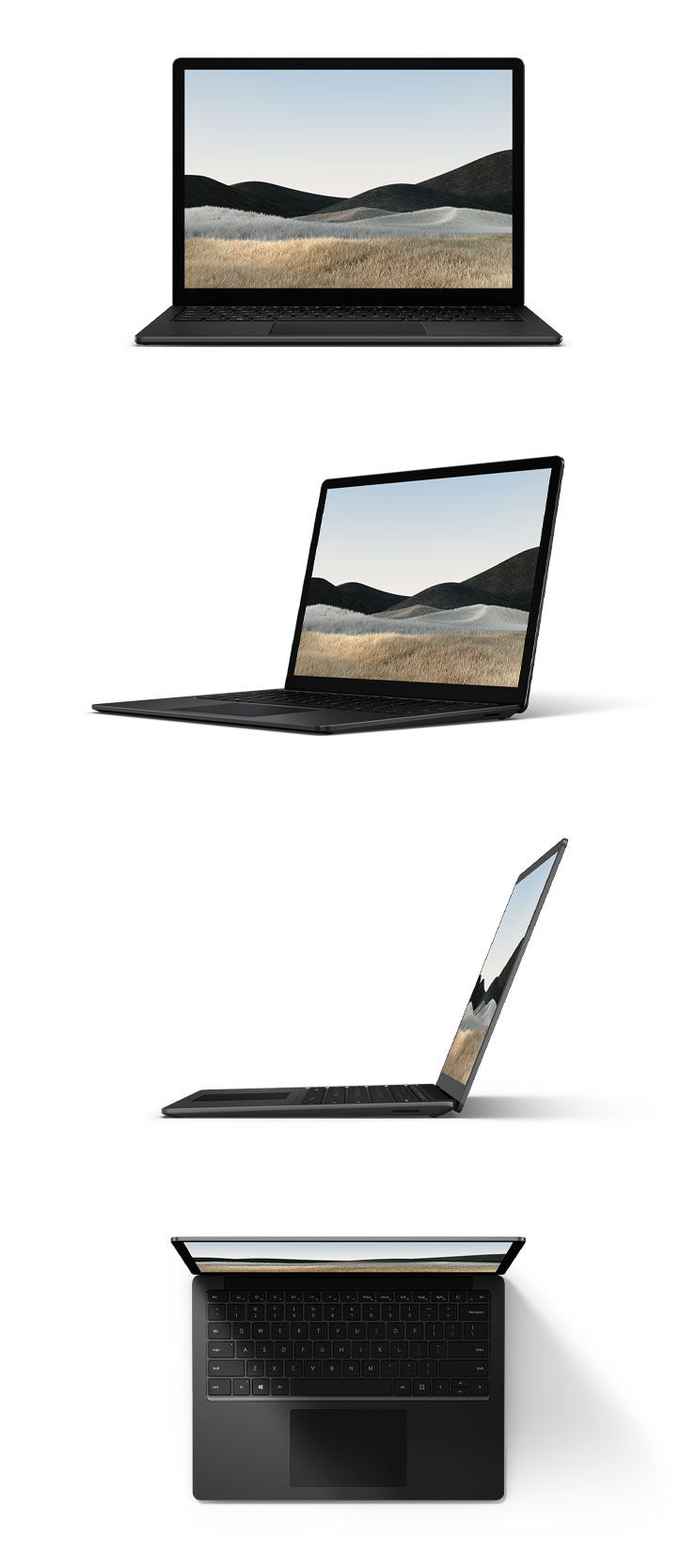 Surface Laptop 4 in metal matte black with a 13 inch screen from the front, from 45 degrees rotated, from the side and from above