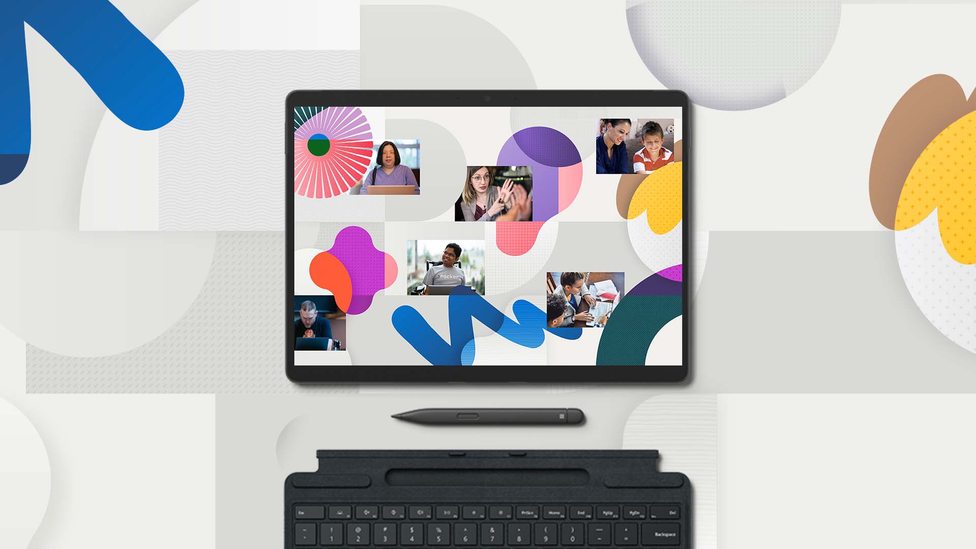 A collage of people learning and working is shown on a Surface Pro 8 device with a Surface pen and type cover below. It is surrounded by colorful abstract line art.