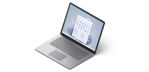 15” Surface Laptop 5 shown from the front in platinum with a matching sage blossom on the Windows 11 start screen.