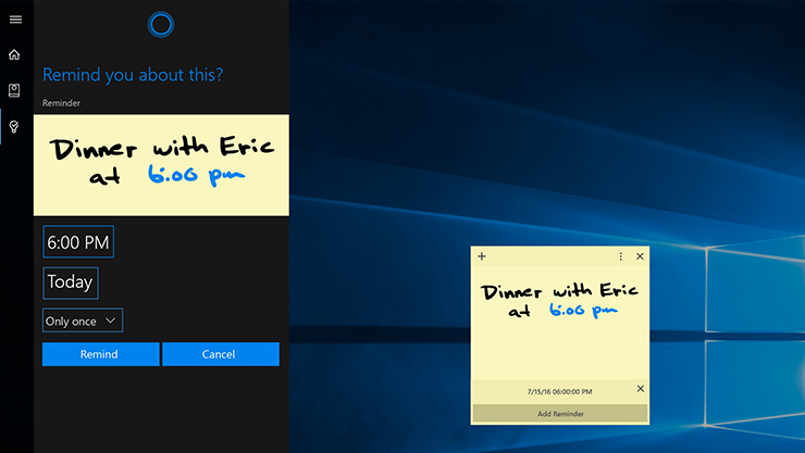 Cortana reminder with sticky notes