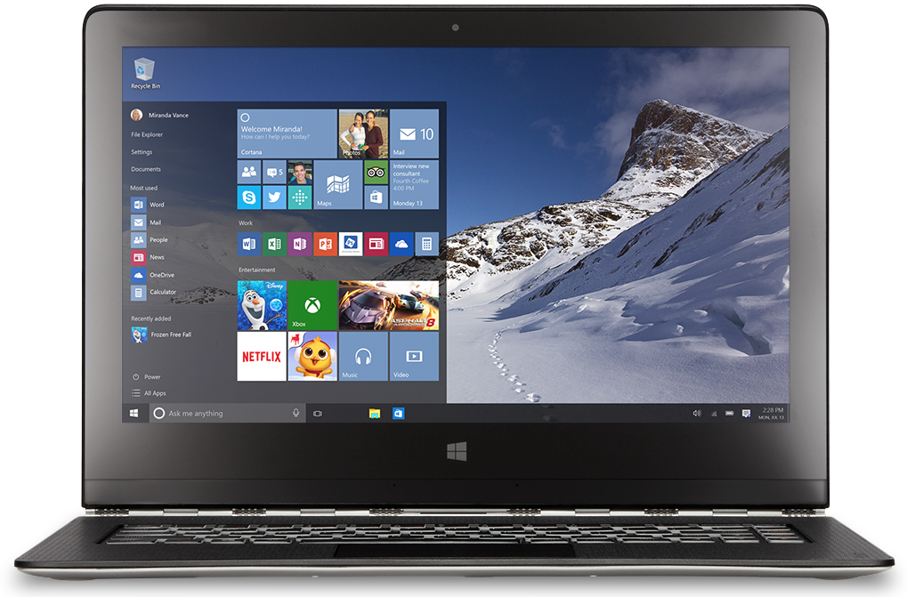 Image of Windows 10 desktop with mini-Start screen.