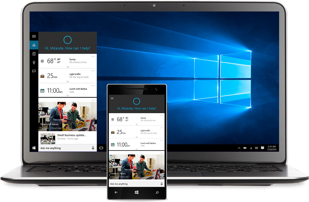 Laptop and Windows phone with Cortana on the screens