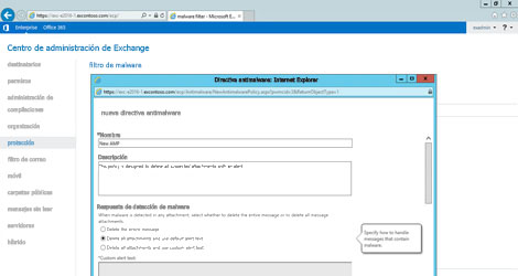 Captura de pantalla del centro de administración de Exchange, donde puede administrar la protección de datos.
