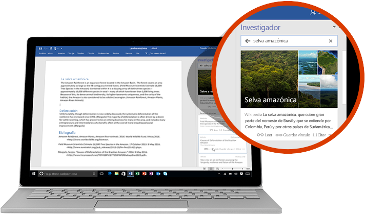 Un portátil en el que se muestra un documento de Word y un primer plano de la característica Investigador con un artículo sobre la selva tropical del Amazonas