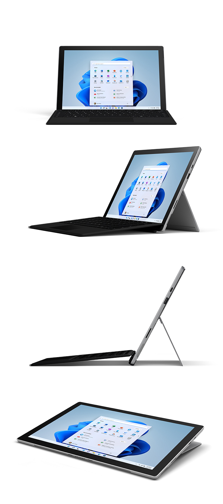 Representaciones de Surface Pro 7+ con Funda con teclado en platino de frente, en ángulo, en vista lateral y modo Estudio.