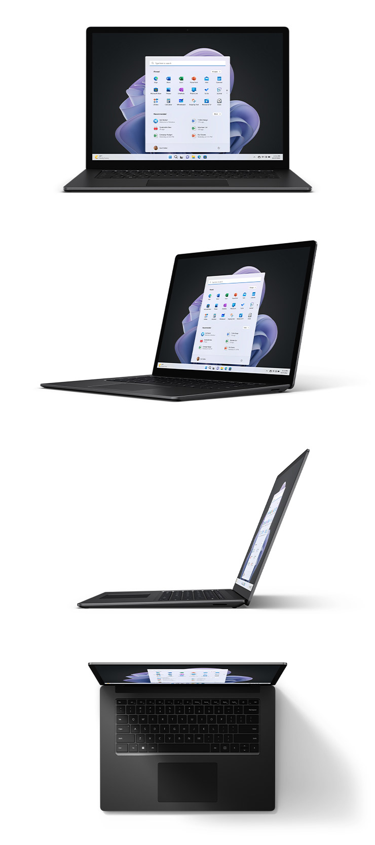 Surface Laptop 5 de 15 pulgadas en metálico en negro, de frente, desde una vista de tres cuartos, desde el lateral y desde arriba.