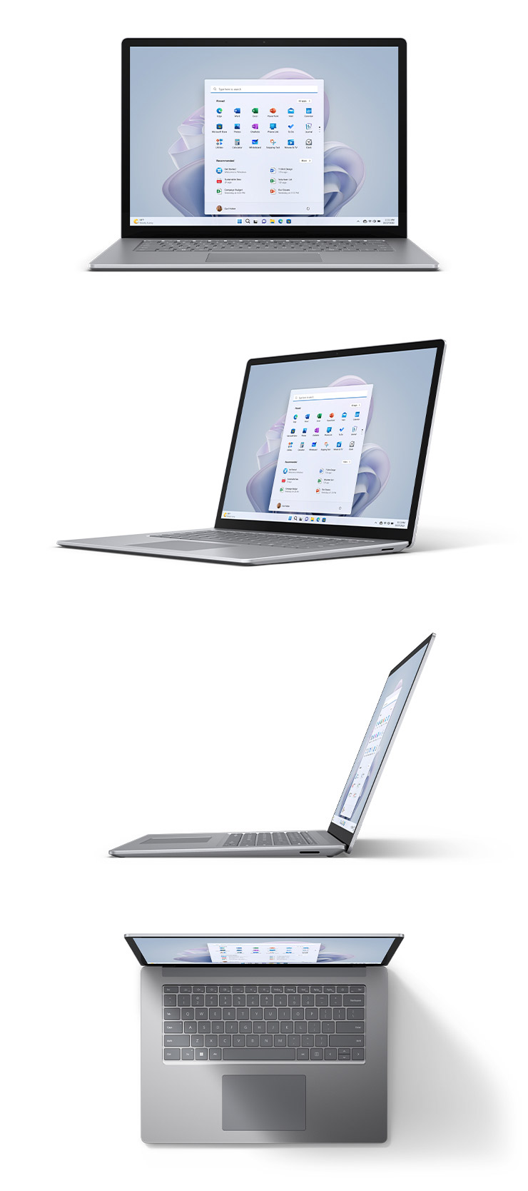 Surface Laptop 5 de 15 pulgadas en metálico en platino, de frente, desde una vista de tres cuartos, desde el lateral y desde arriba.