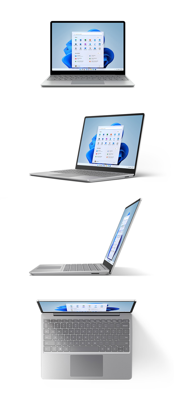 Surface Laptop Go 2 de frente, vista de tres cuartos, con la parte lateral y superior en platino.