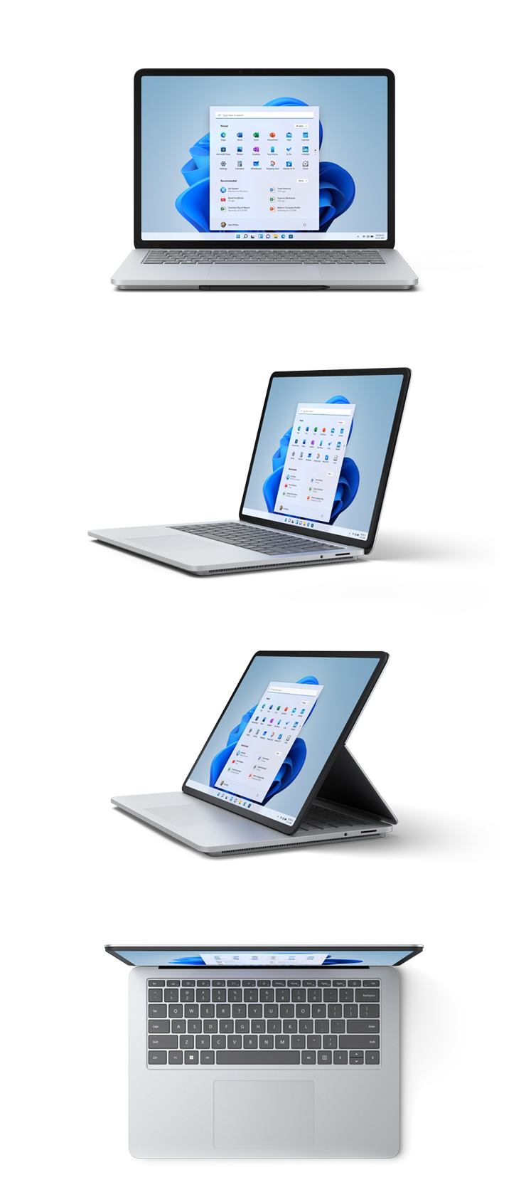 Representaciones de Surface Laptop Studio de frente, en ángulo, en modo escenario y vista aérea.