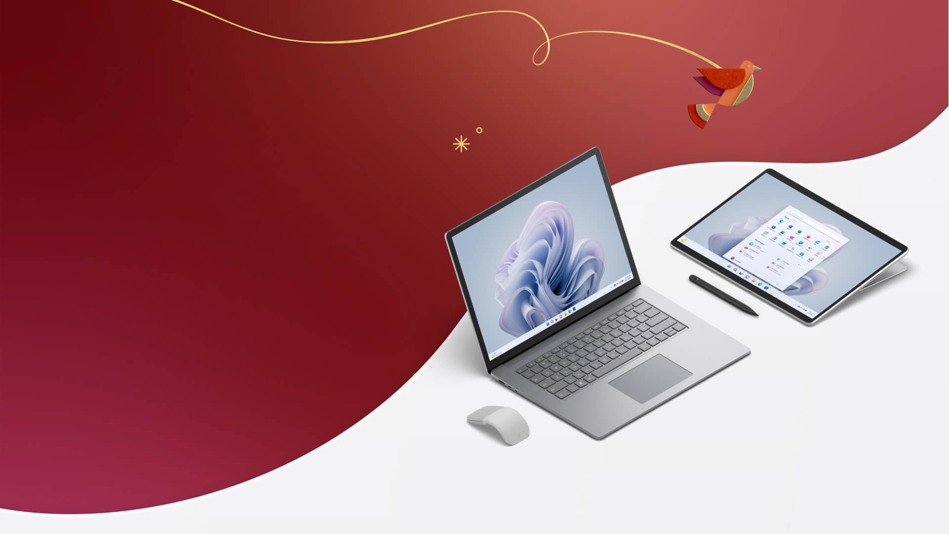 Una Surface Laptop 5 platino y una Surface Pro 9 se muestran junto con un ratón Surface Arc Mouse y un Surface Slim Pen 2. Hay un pájaro rojo revoloteando sobre ellos sosteniendo un lazo dorado.