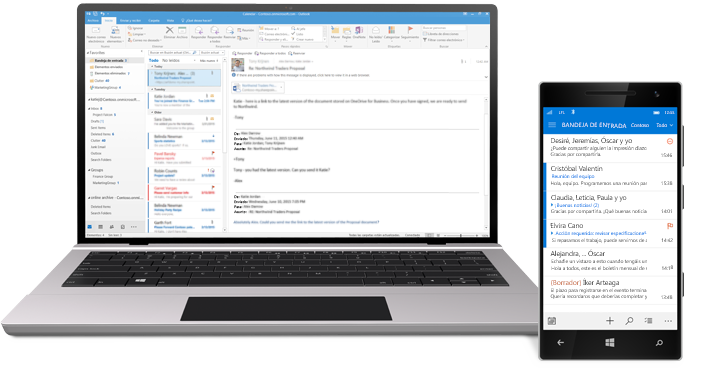 Tableta y smartphone en los que se muestra una bandeja de entrada de correo electrónico de Office 365.
